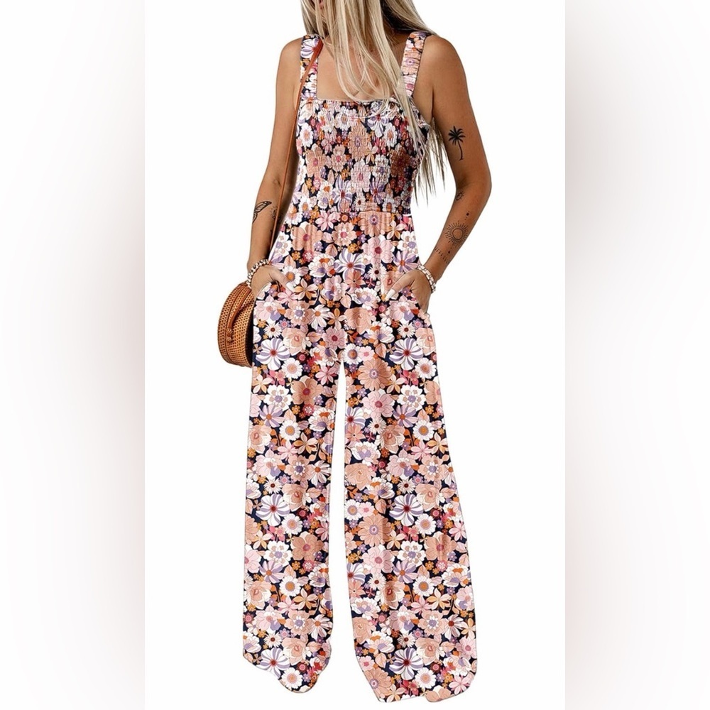 🆕Overalls One Piece Sleeveless Printed Wide Leg Jumpsuit With Pockets